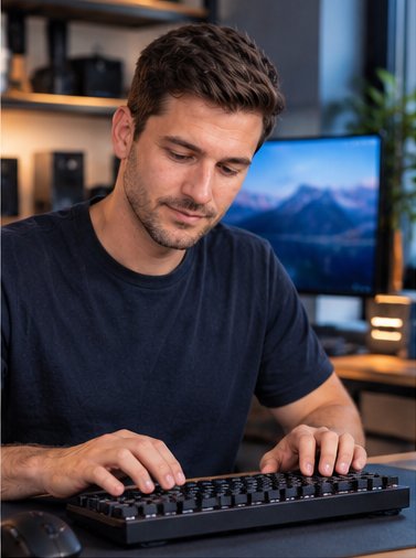 Creatorcheck testet eine mechanische Tastatur an seinem Schreibtisch
