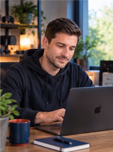 Creatorcheck arbeitet an seinem Laptop in seinem Studio