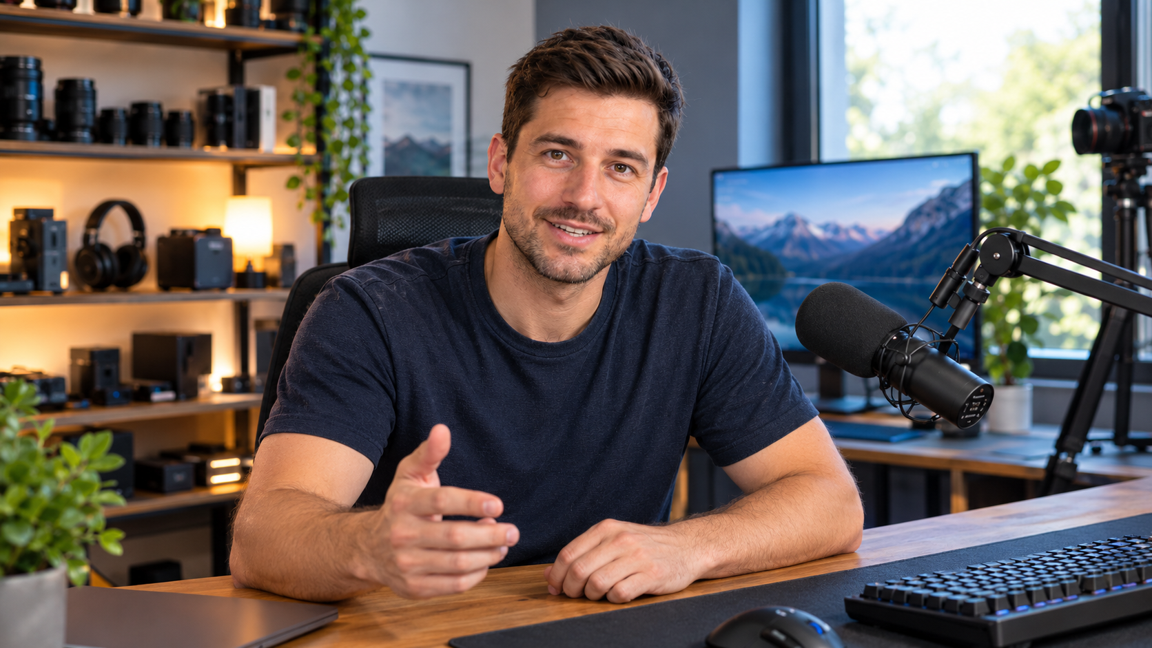 Creatorcheck spricht vor Kamera und Mikrofon in seinem Studio