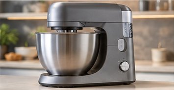 Graue Küchenmaschine mit Edelstahlschüssel auf einer Küchenablage