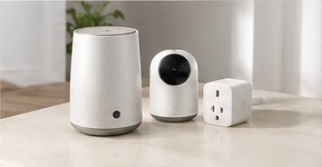 Smart-Home-Set aus Kamera, smartem Stecker und Luftbefeuchter