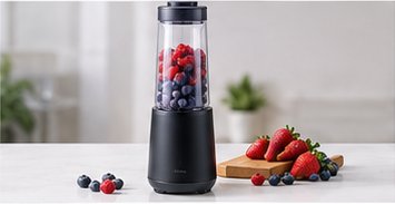 Kompakter Standmixer gefüllt mit Beeren auf einer hellen Arbeitsfläche